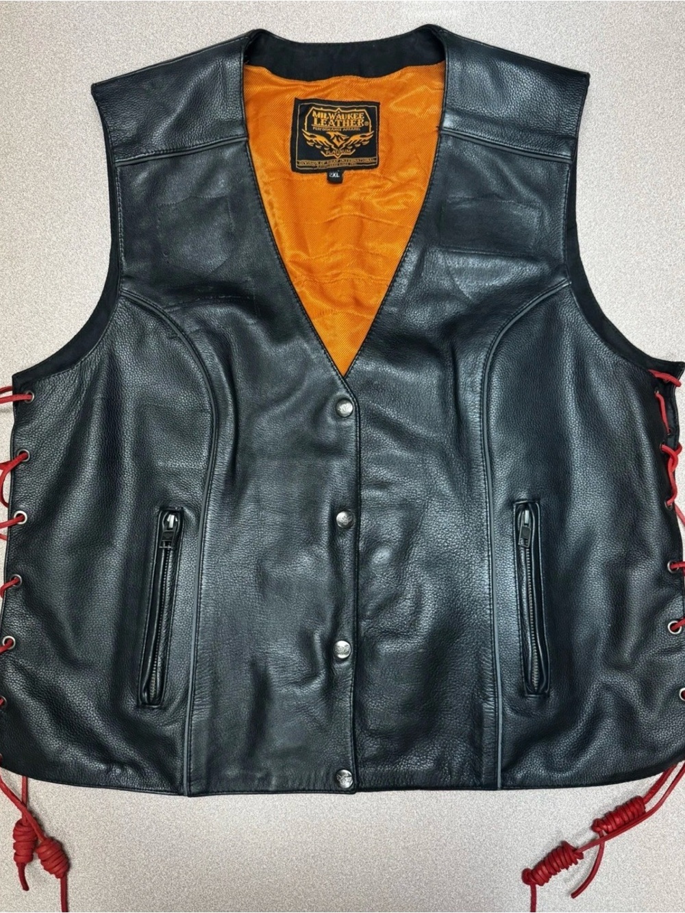 Milwaukee Leather Men’s Black Leather Vest with Orange Lining 2XL